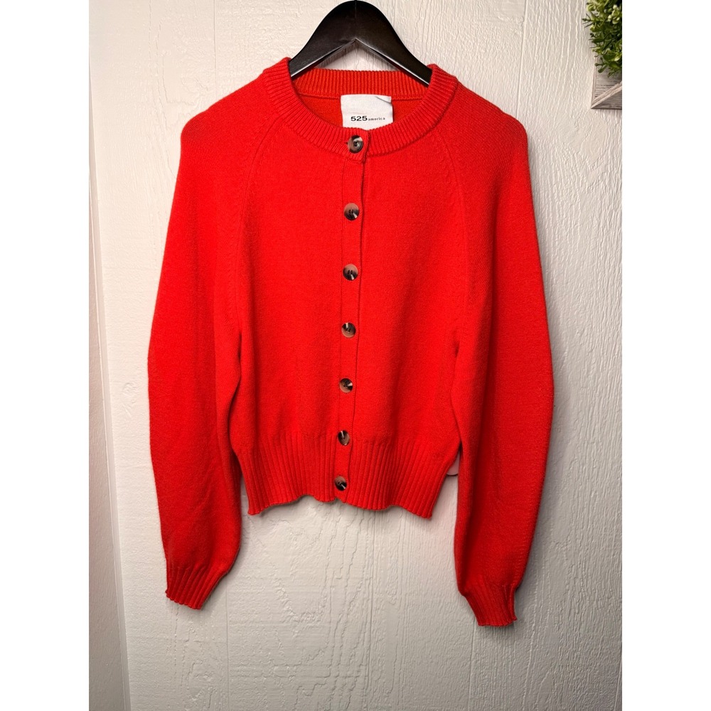 525 America Red Orange Crewneck Button Front Cardigan Sweater Raglan Ribbed Knit